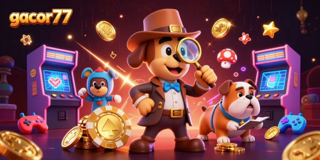 Gacor77 memperlihatkan anjing detektif 3D dan teman bulldognya menyelidiki petunjuk chip poker di kasino.