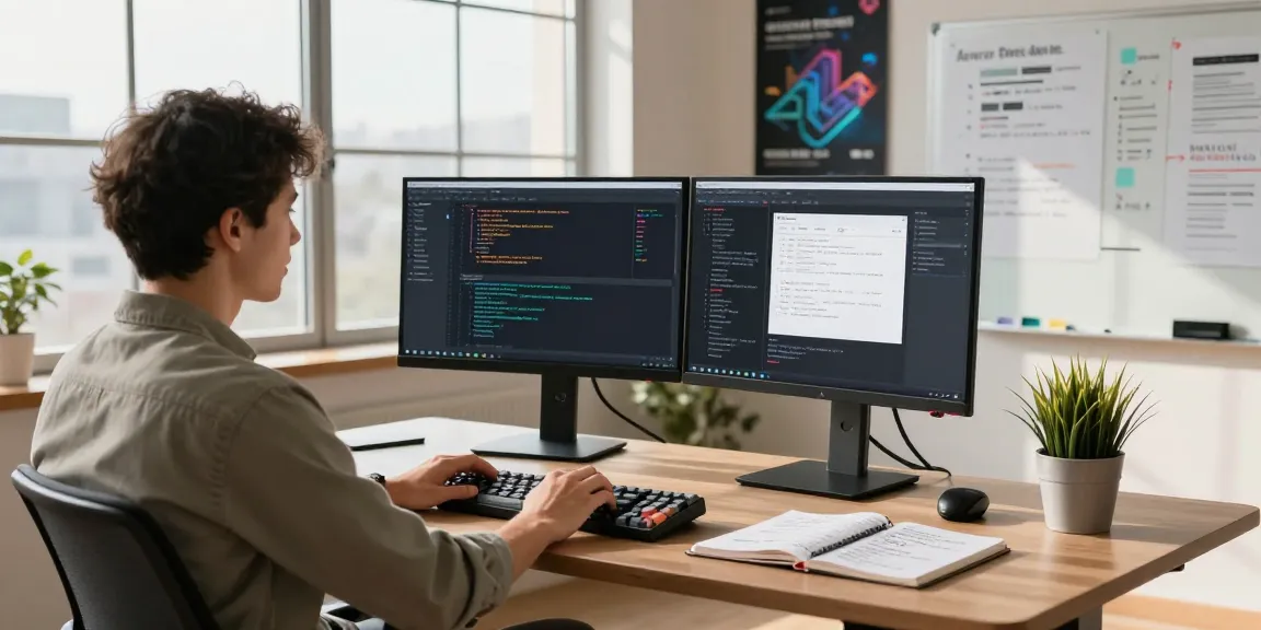 Custom CRM Development Services in a modern tech workspace with dynamic coding and design elements.
