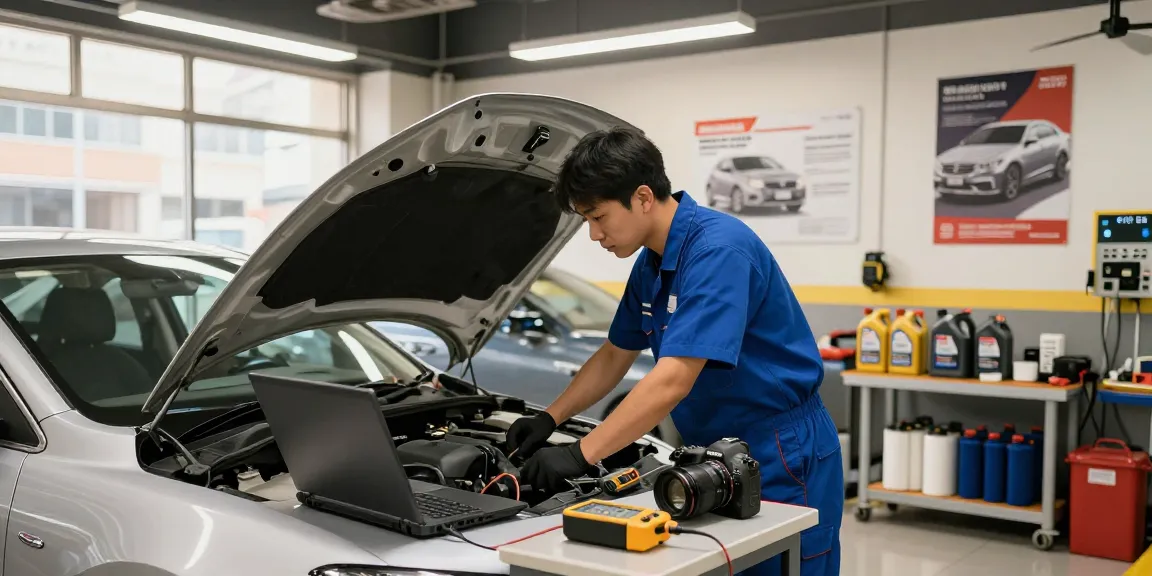 Professional car services HK: Mechanic inspecting vehicle with diagnostic tools in a modern auto service center.