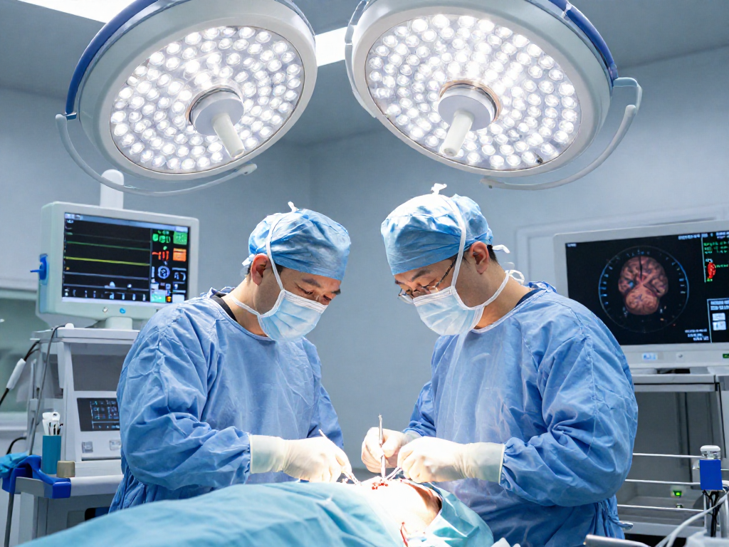 Expert neurosurgeon performing beyin tümörü ameliyatı in a high-tech operating room, showcasing precision and teamwork.