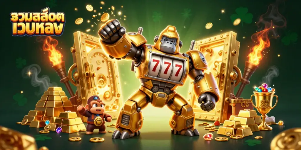 Engage with รวมสล็อตเว็บตรง featuring a dynamic golden gorilla mech representing online slot gameplay.