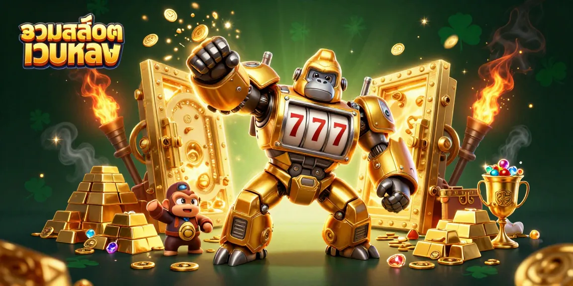 Engage with รวมสล็อตเว็บตรง featuring a dynamic golden gorilla mech representing online slot gameplay.