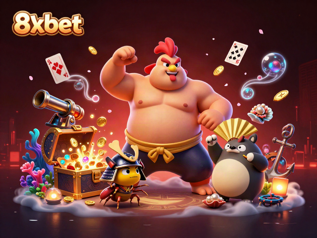Experience thrilling bets with 8xbet in this vibrant cartoon casino scene.
