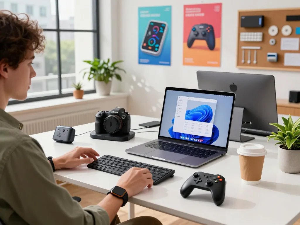 Showcasing affordable tech gadgets in a modern workspace, featuring Bluetooth devices on a stylish desk.