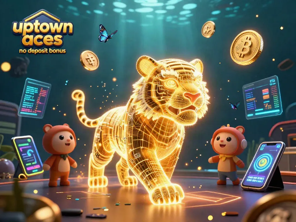 Engage with the thrilling uptown aces no deposit bonus as a golden tiger prowls through a vibrant digital casino landscape.