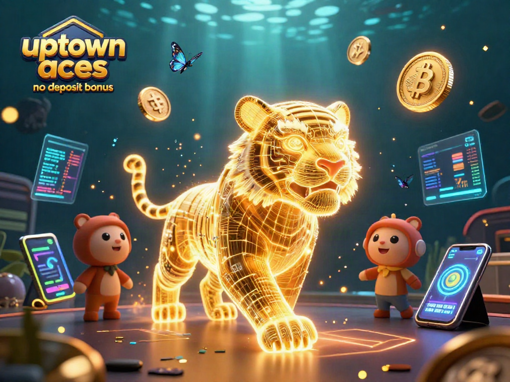 Engage with the thrilling uptown aces no deposit bonus as a golden tiger prowls through a vibrant digital casino landscape.