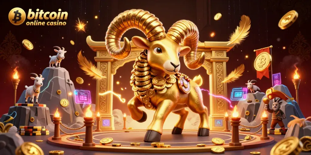 Experience the excitement of a bitcoin online casino with a dynamic golden ram charging through symbols of crypto gaming.