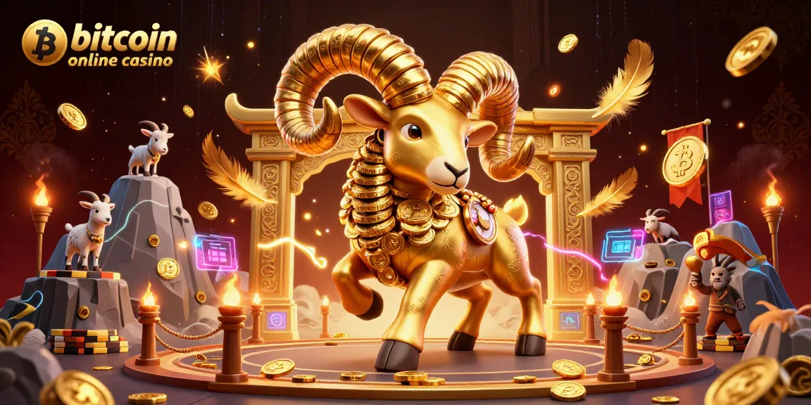 Experience the excitement of a bitcoin online casino with a dynamic golden ram charging through symbols of crypto gaming.