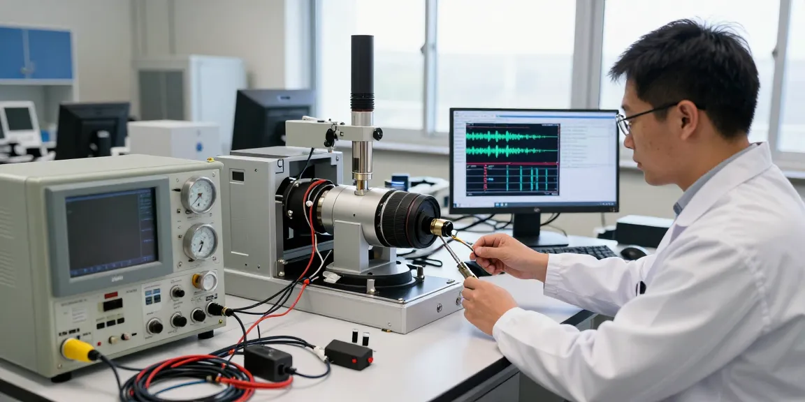 Engineer calibrating a geophone in a high-tech laboratory setting with advanced measurement equipment.