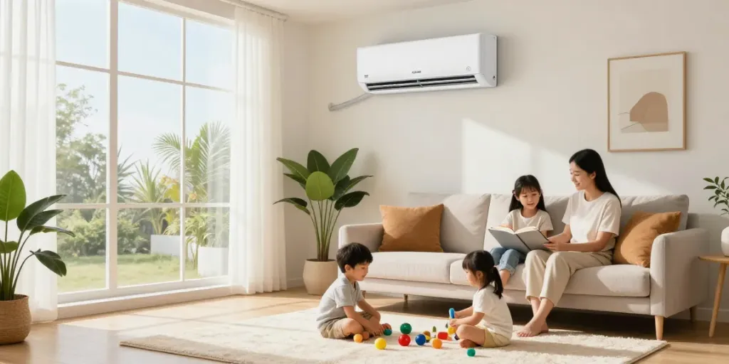 Family enjoying a cozy living room with a 12000 BTU mini split air conditioning system, perfect for home comfort.