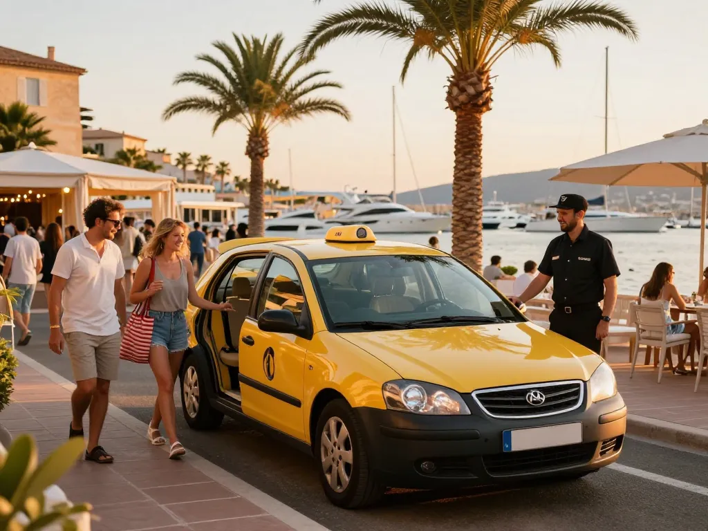 Taxi Saint Tropez attendant des passagers devant un club de plage, mettant en valeur une expérience de voyage de luxe.
