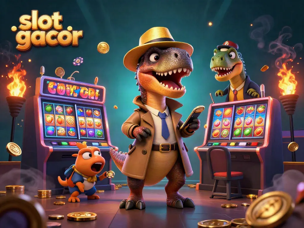 Vibrant slot gacor scene featuring a velociraptor at a slot machine with a stegosaurus pit boss.