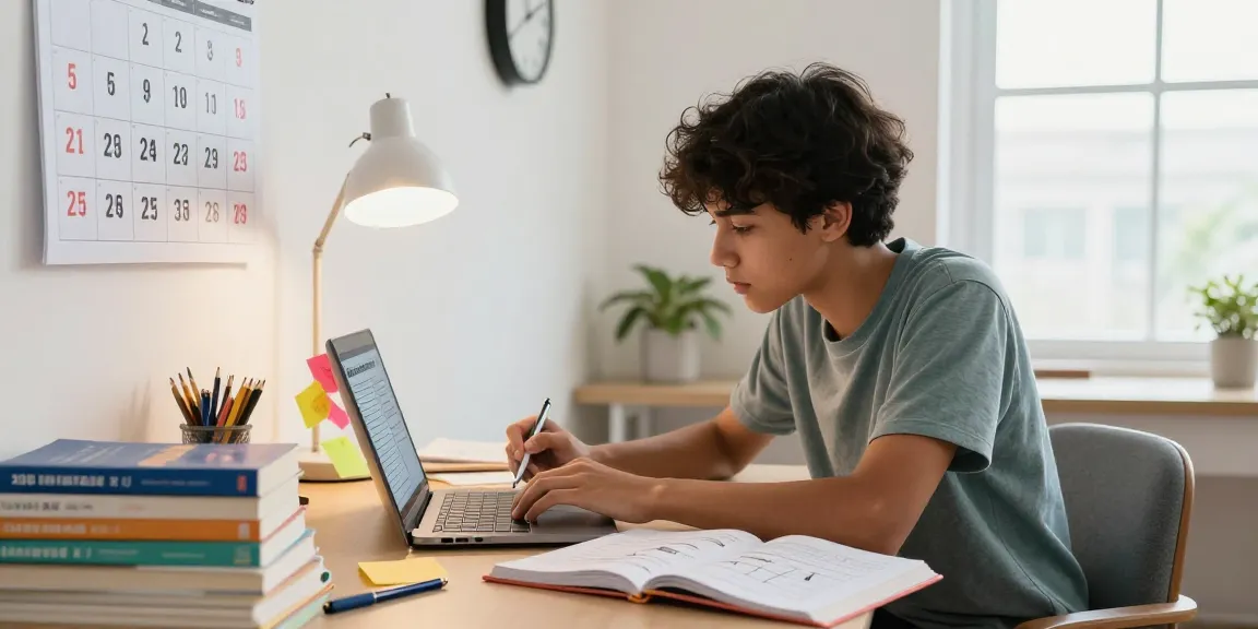 Student studying the 2026 NECO timetable in a well-organized study room filled with books and notes.