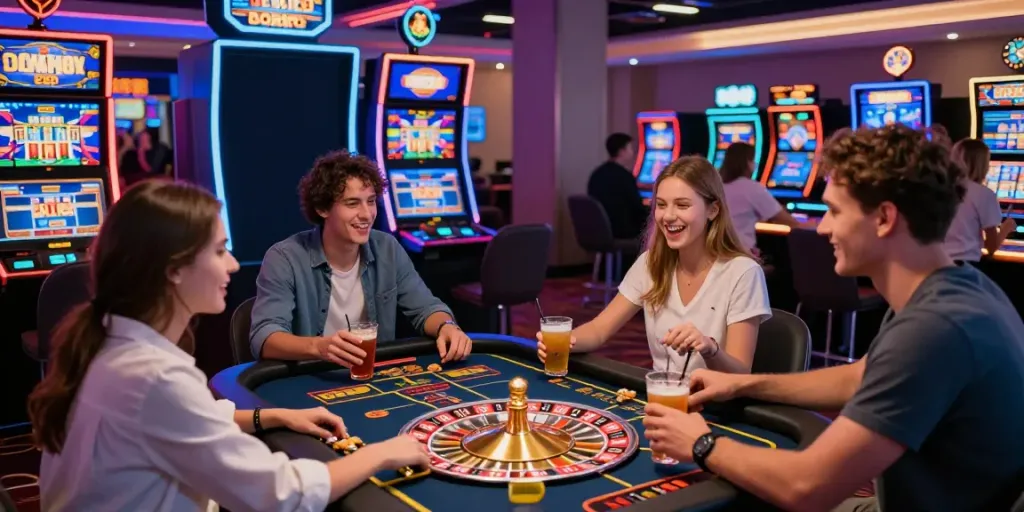 Friends enjoying an exciting gaming session at DA88 online platform, reflecting vibrant casino atmosphere.