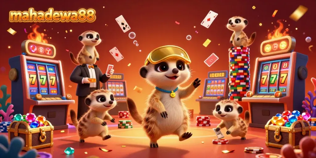 Experience the thrill of mahadewa88 with animated meerkats in a vibrant casino filled with dynamic slot elements.