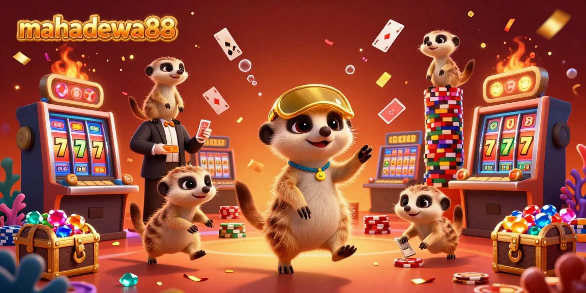 Experience the thrill of mahadewa88 with animated meerkats in a vibrant casino filled with dynamic slot elements.
