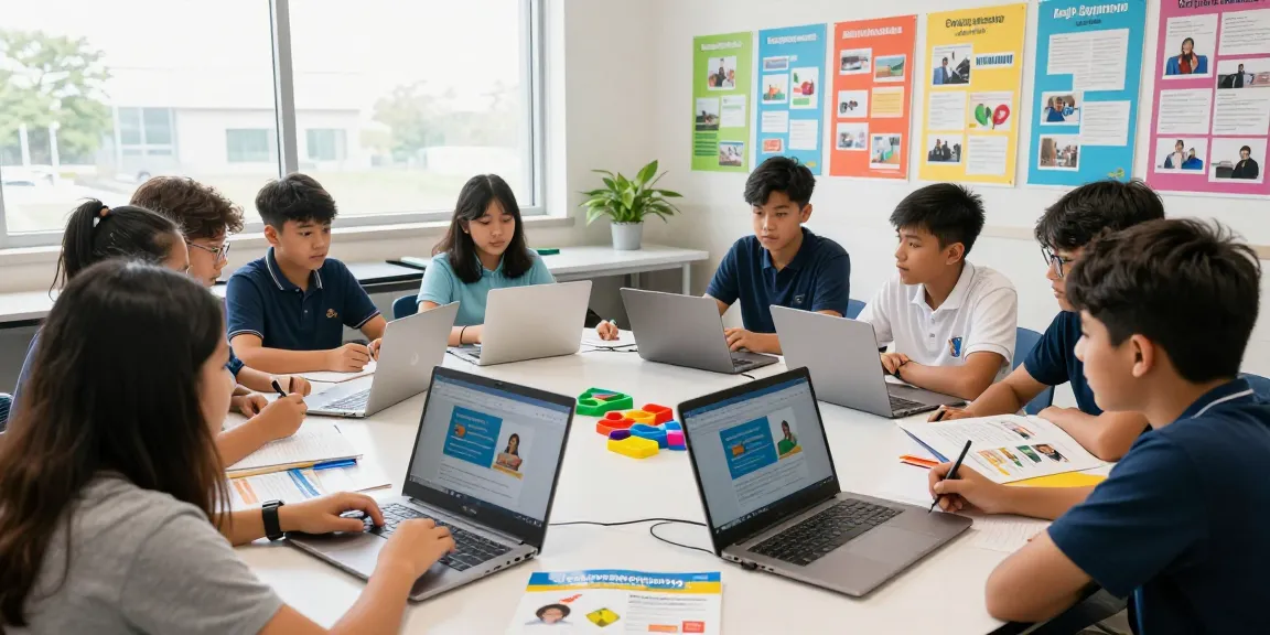Students exploring apprenticeship opportunities collaboratively in a bright educational setting.