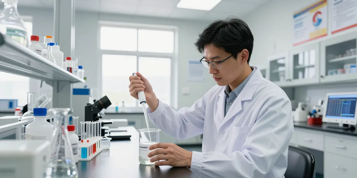Scientist measuring 14-butanediol for sale in a professional lab setting with various glassware and safety equipment.