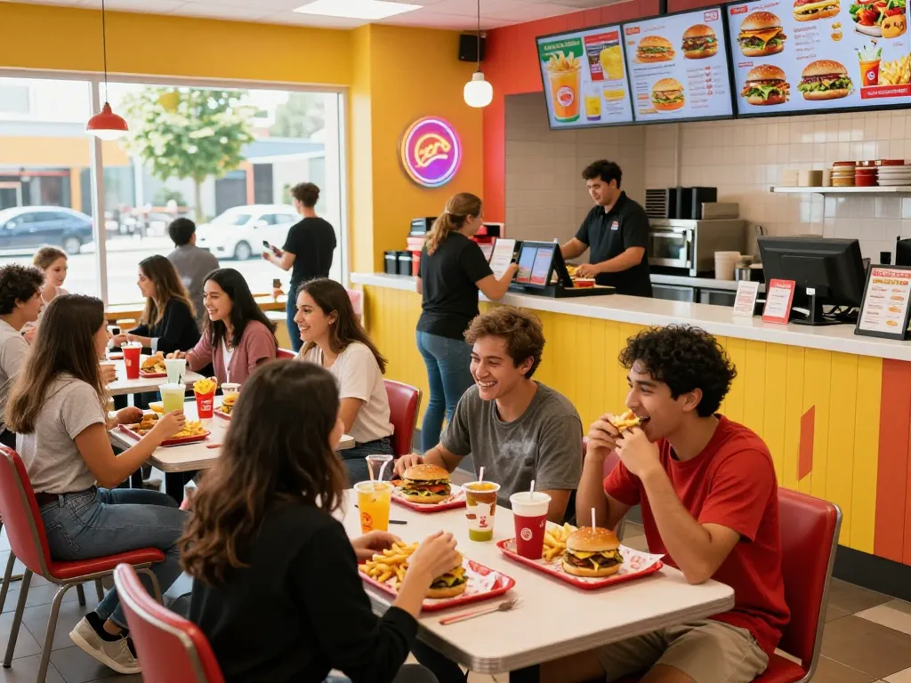 Fast food menu featuring delicious burgers and fries enjoyed by happy customers in a vibrant restaurant.