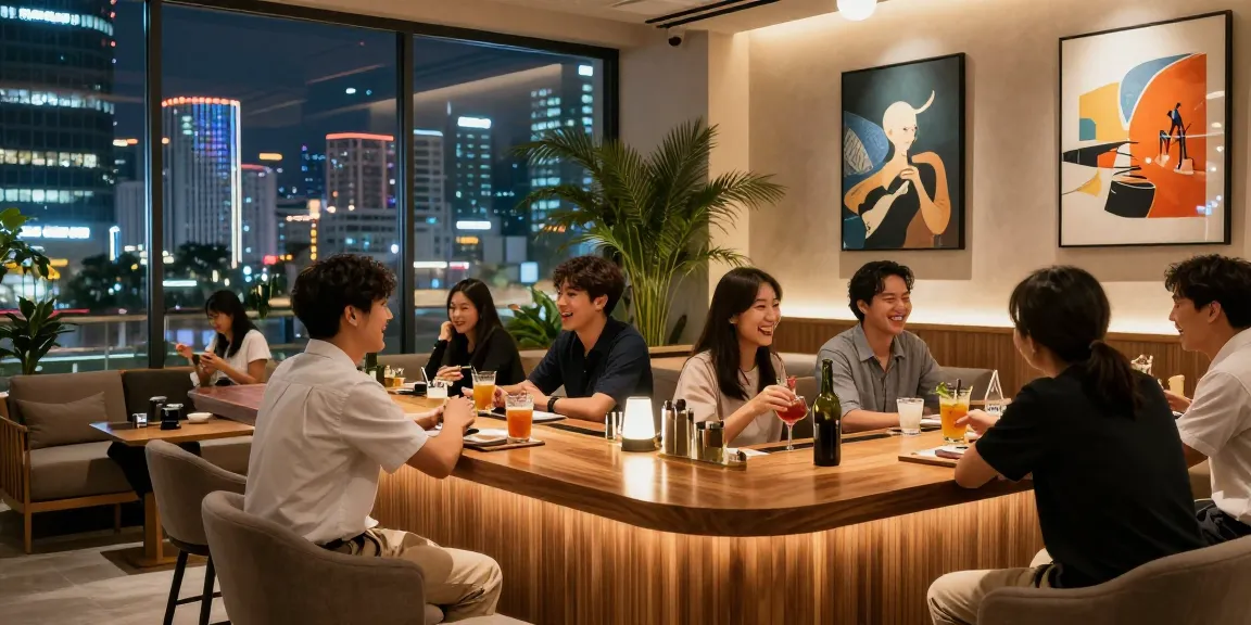 강남쩜오 멀리건의 현대적인 라운지에서 친구들과 즐거운 시간을 보내는 모습