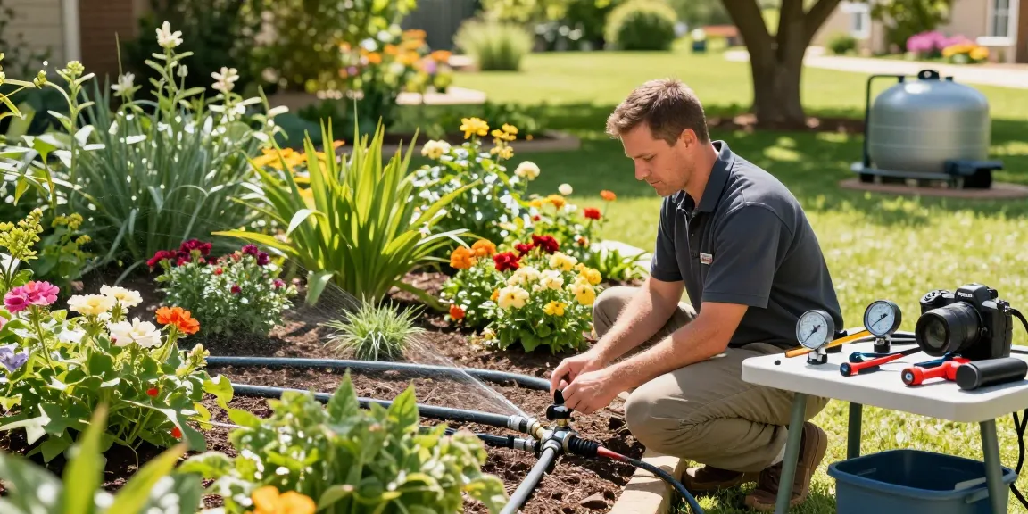 Professional Irrigation Services in Lakeside, TX technician inspecting drip irrigation system in a lush garden.