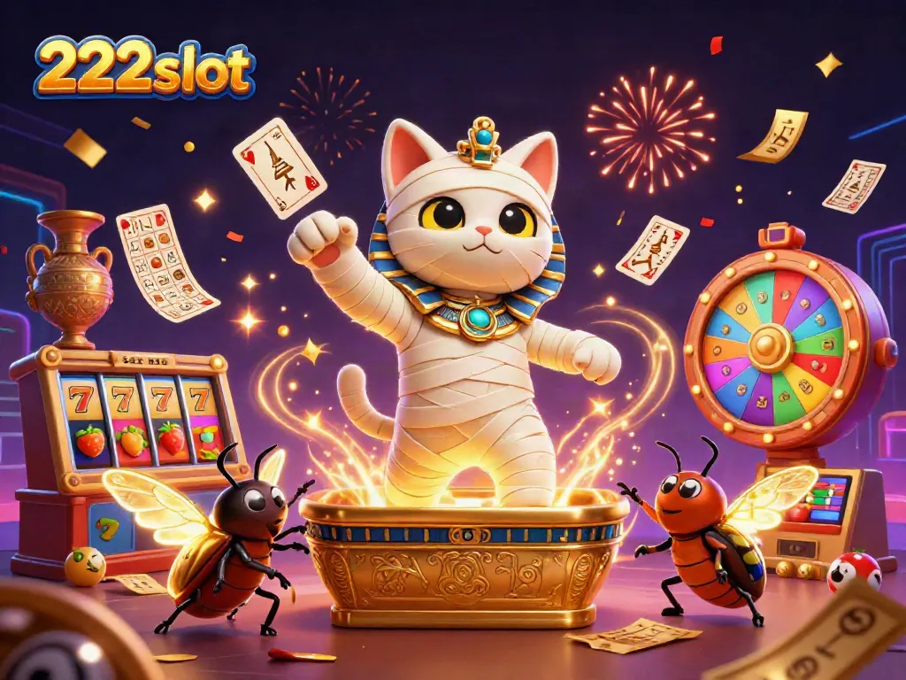 Mummy kat 222slot mengeluarkan simbol permainan kasino dalam suasana penuh perayaan.