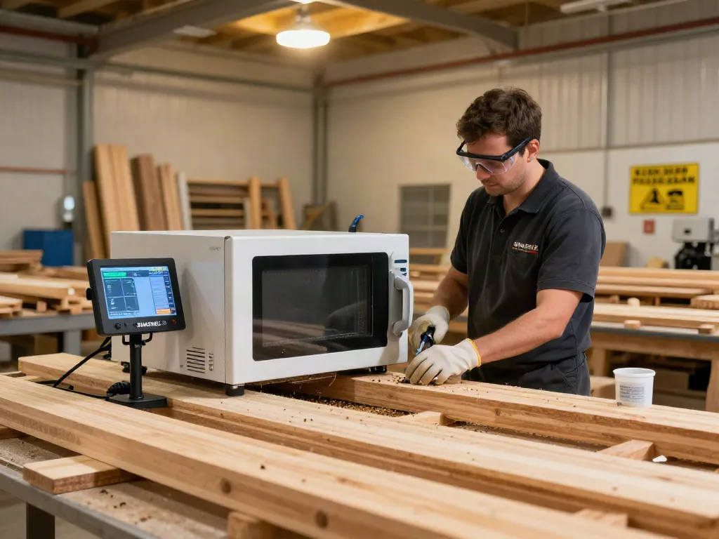 SHASHEL® microwave device effectively eliminating wood pests in a professional workshop setting.