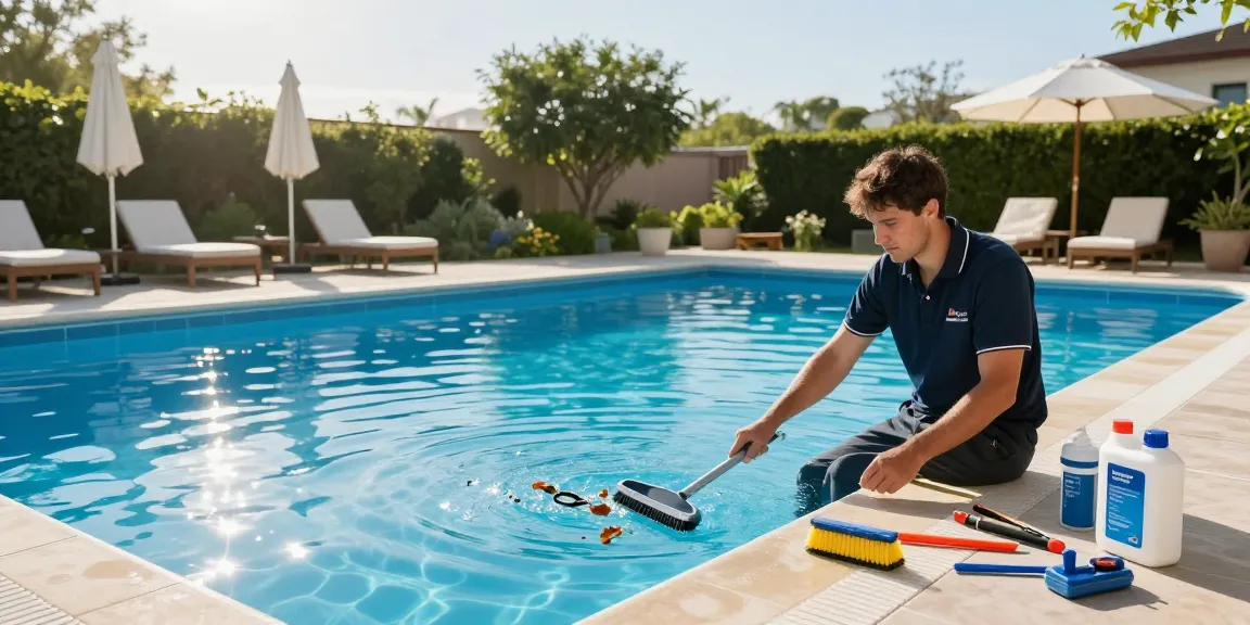 Regular održavanje bazena in action with technician cleaning the pool surface surrounded by lush greenery.
