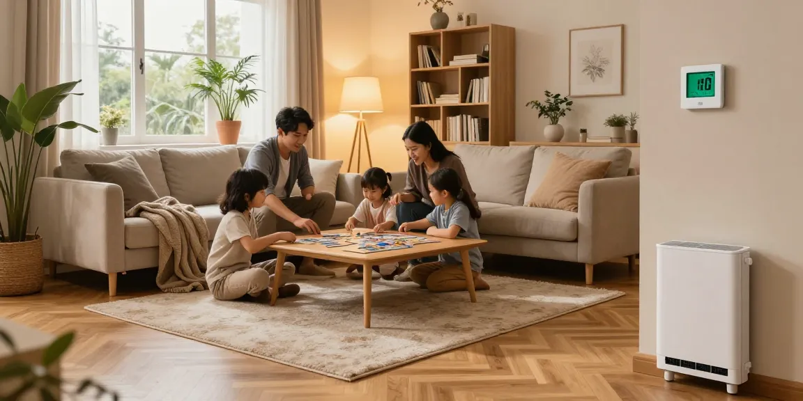 Cozy living room with families enjoying underfloor heating, illuminated by natural light.