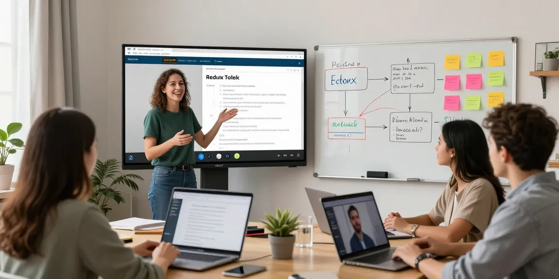 Interactive online session demonstrating Redux state management training with diverse learners engaged in a vibrant virtual class.