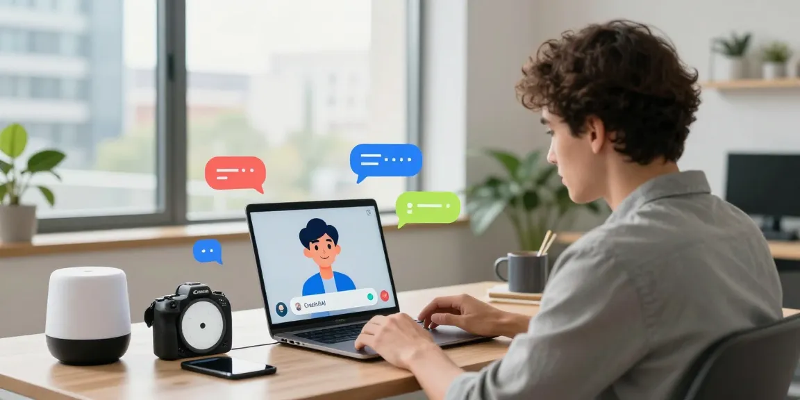Engaging scene with user interacting with Crushon AI chatbot on laptop in bright modern tech workspace.