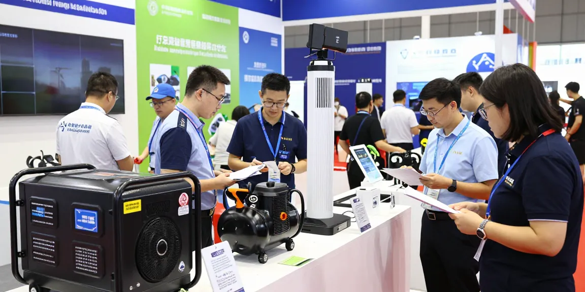 Professional team showcasing a gas generator at an energy solutions trade fair.