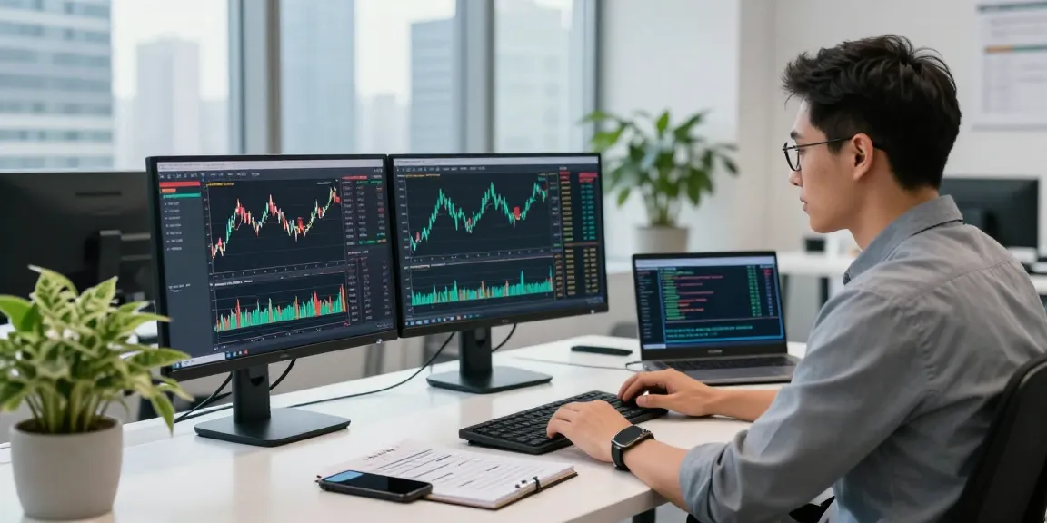 Trader using MetaTrader 4 to analyze forex charts in a modern office, showcasing trading strategies and market data.