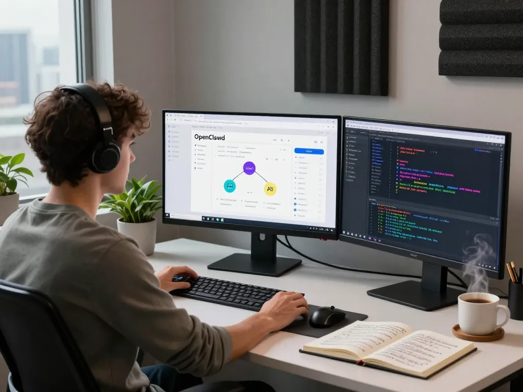 Developer utilizing OpenClawd in a modern workspace with dual monitors and coding interface.