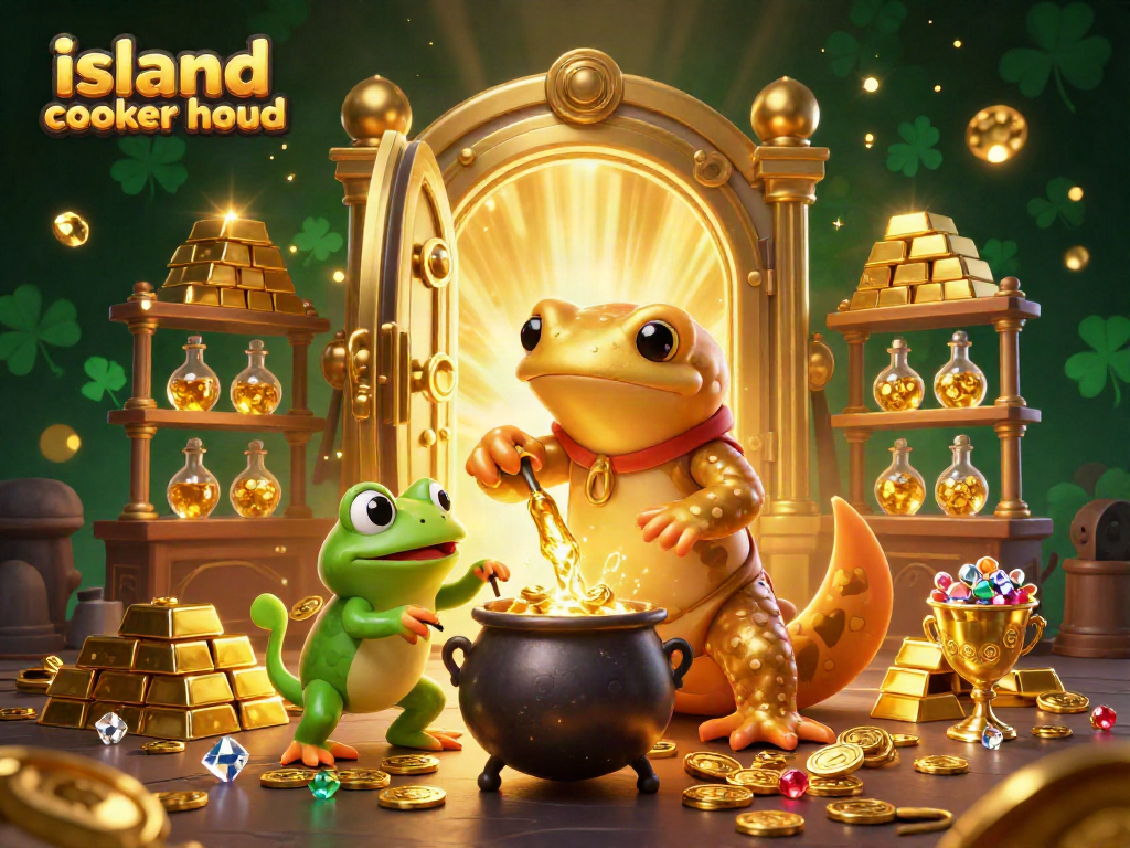 Engage with this vibrant scene showcasing an island cooker hood while experiencing casino fun with gold and treasures.