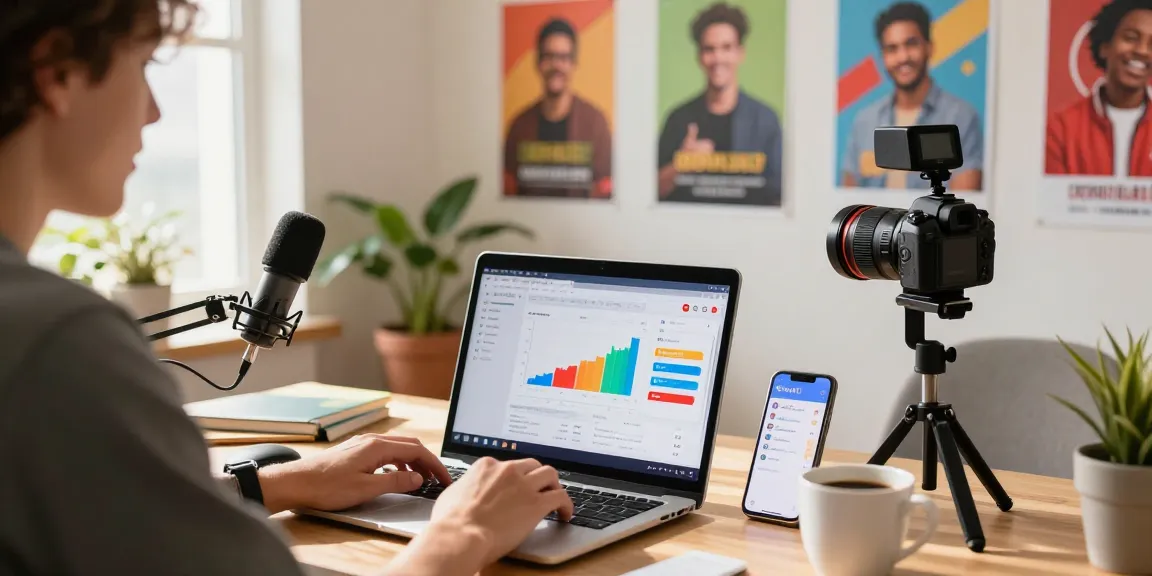YouTube Views kaufen: Kreativer Content Creator arbeitet in modernem Home Office an YouTube Analytics.