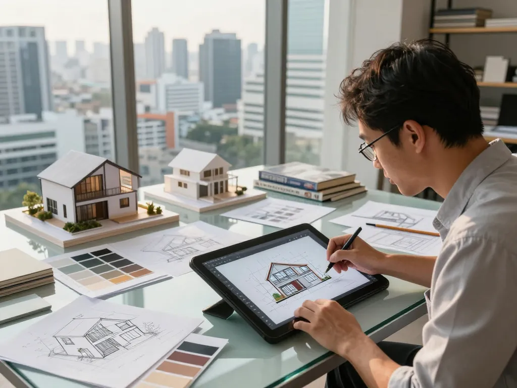 House Design Bangkok showcased in a modern architectural studio with vibrant materials and city views.
