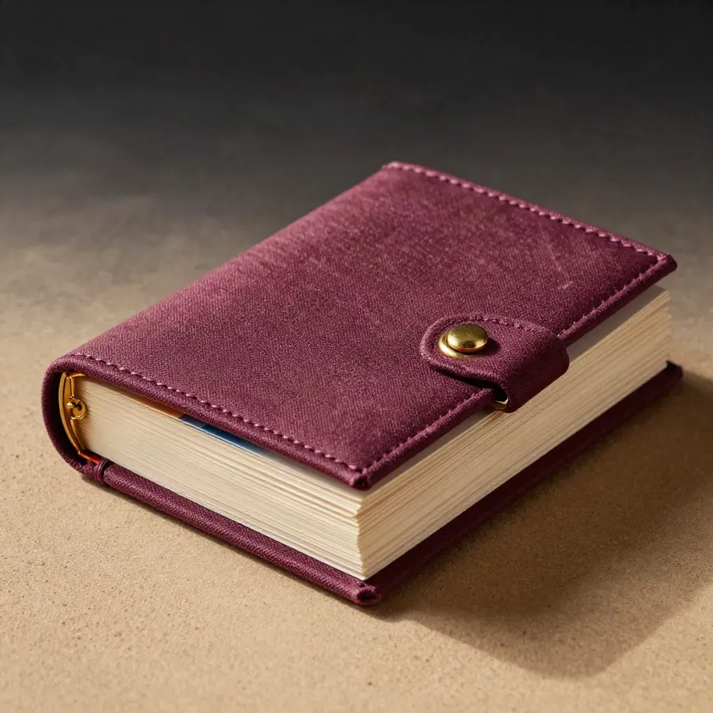 Plum cloth folio with cream paper edges, folded swatches, and brass clasp in raking light.