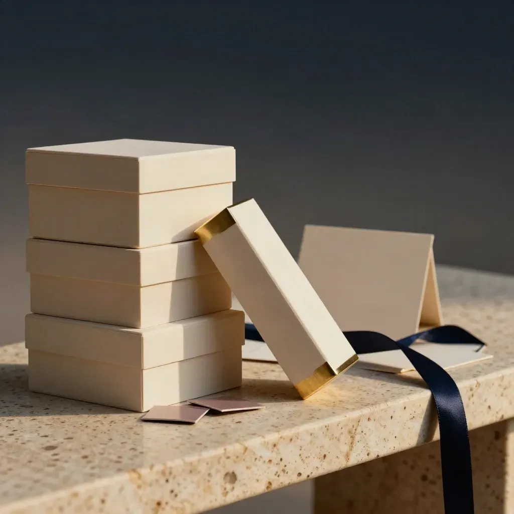 Ivory kit boxes, palette chips and brass corner piece on travertine with navy ribbon