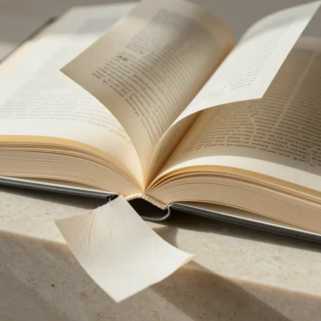 Cream specimen books, script strip and tracing sheet on travertine, lit with soft raking daylight.