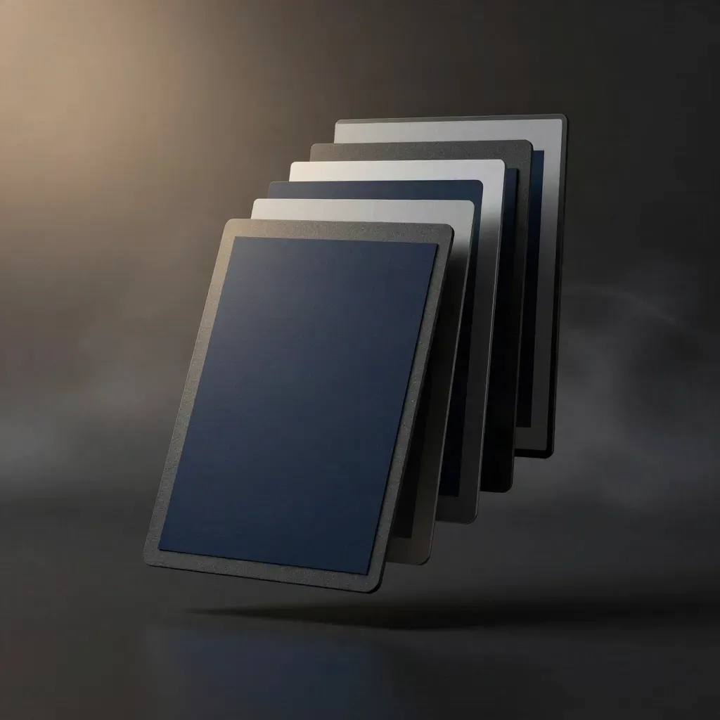 Charcoal mockup boards and frame sleeves on a dark studio surface with navy rim light.