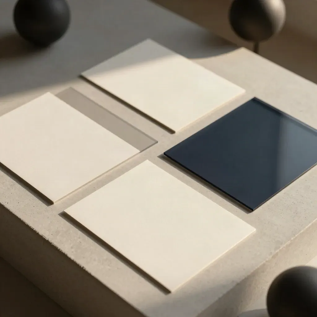 Ivory social-post frames and translucent overlays on pale concrete with a midnight navy accent.
