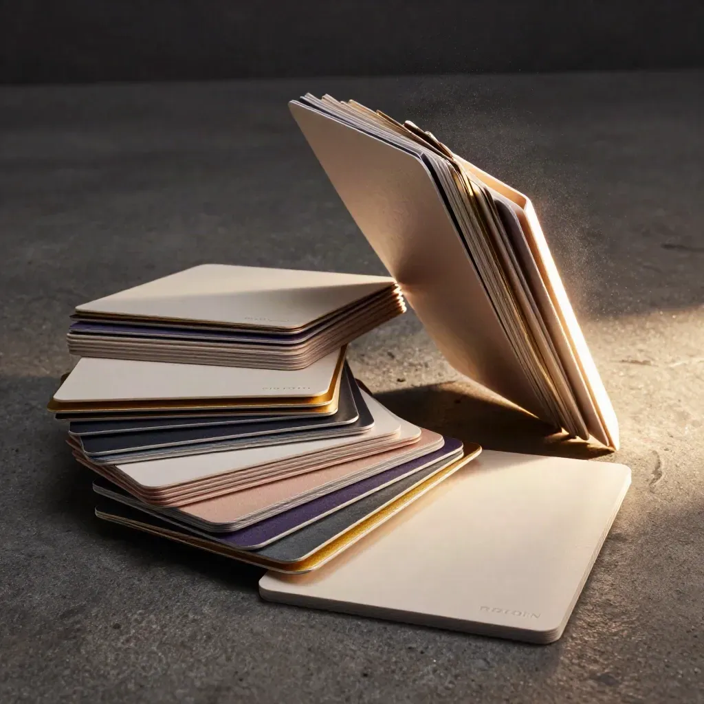 Brand-kit cards and palette chips spiral across a dark studio floor with a faint plum glow.