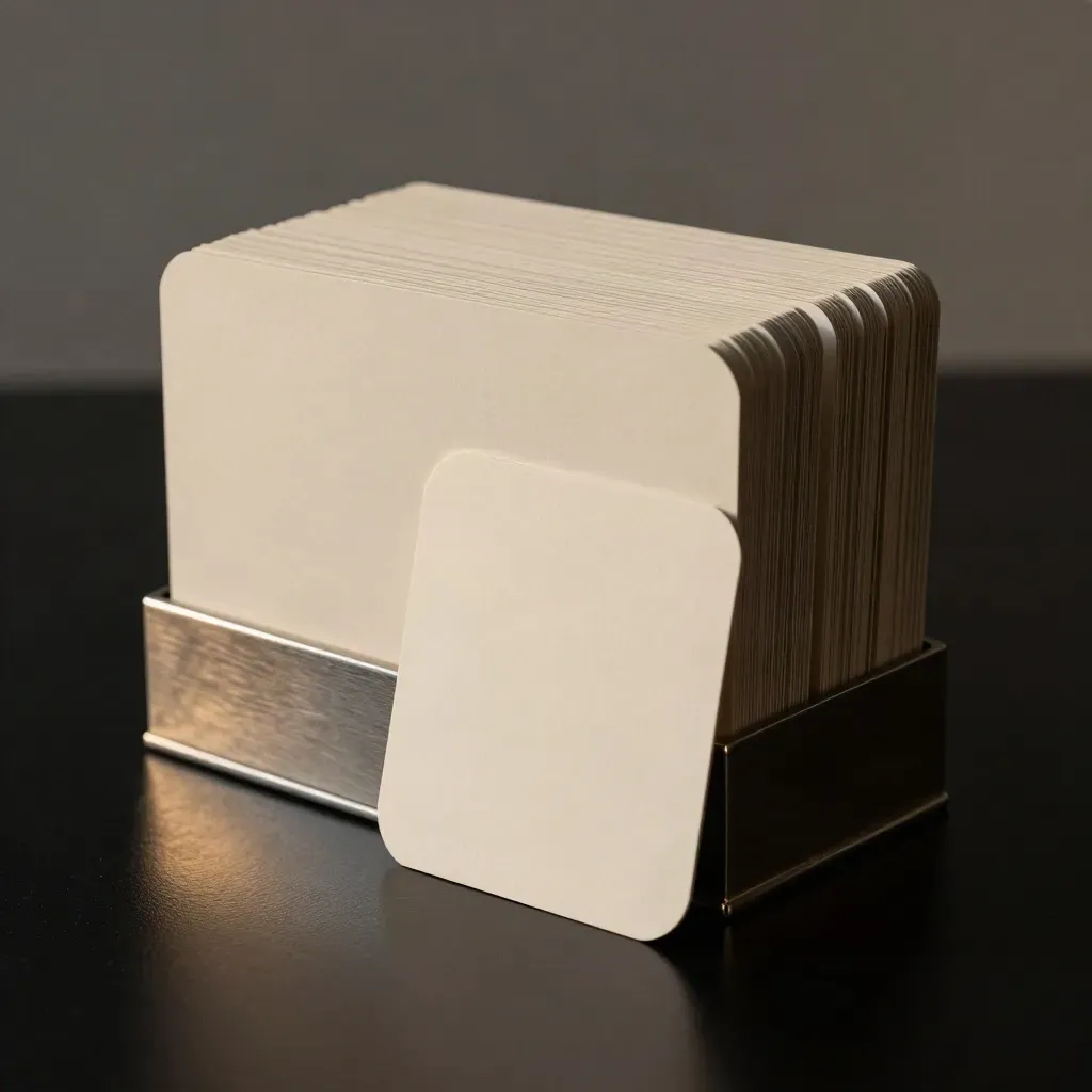 Blank carousel boards and rounded-corner cards with a brushed-metal stand in a dark studio