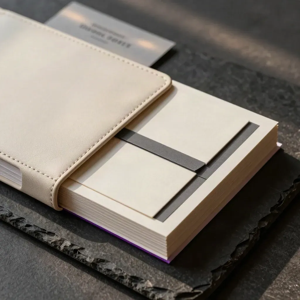 Overhead close-up of ivory presentation boards, graphite tabs and a pale leather sleeve on charcoal.