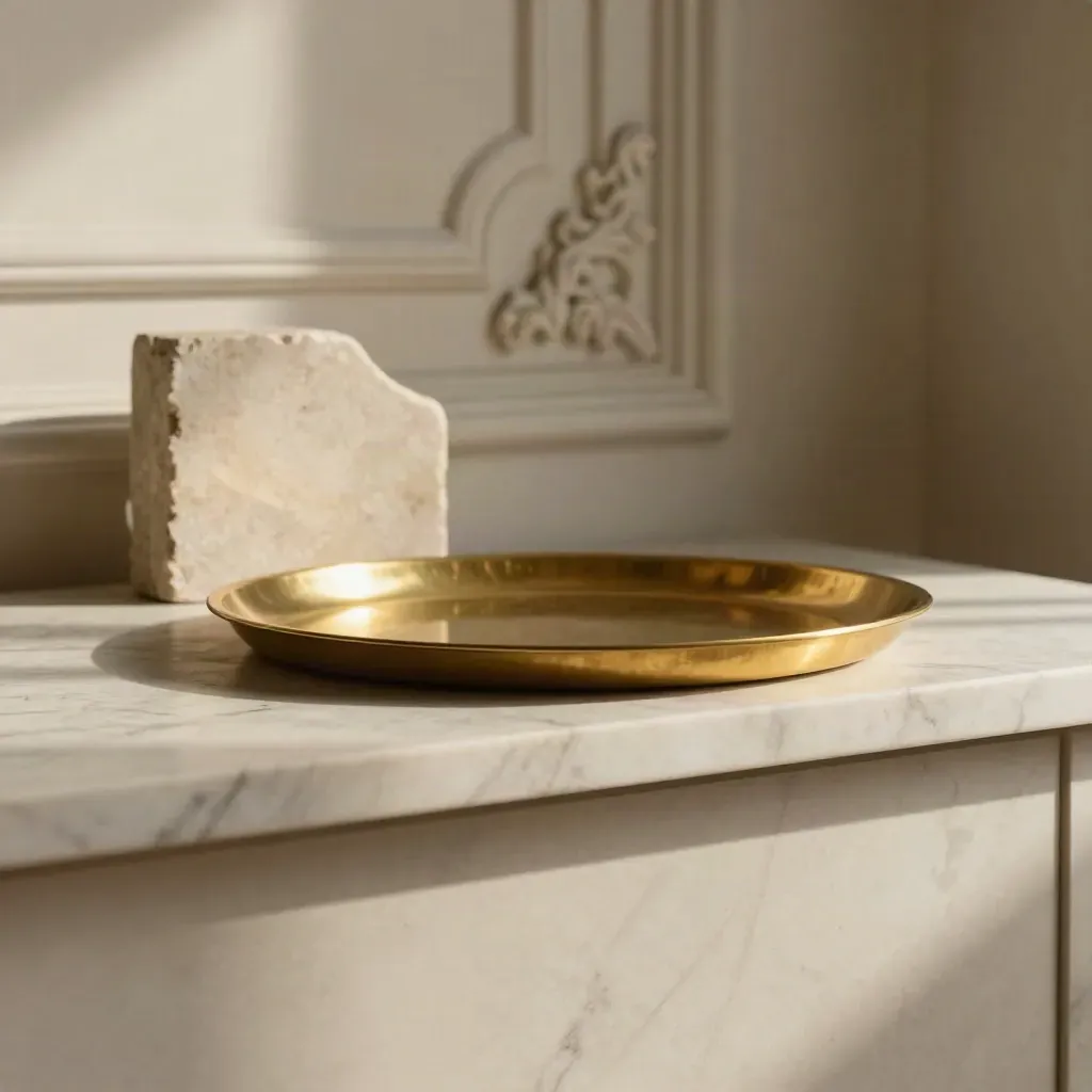 Marble ledge with brass tray and stone bookend under soft morning light and carved moulding