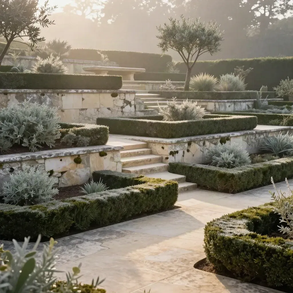 Misty terraced limestone garden with hedges and a stone bench at dawn