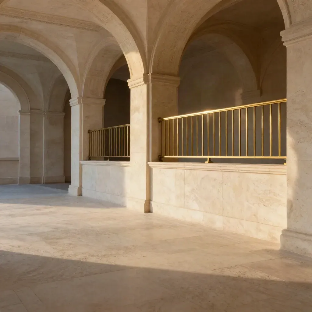 Sunlit pale stone arcade with brass railing and calm open floor space for headline copy