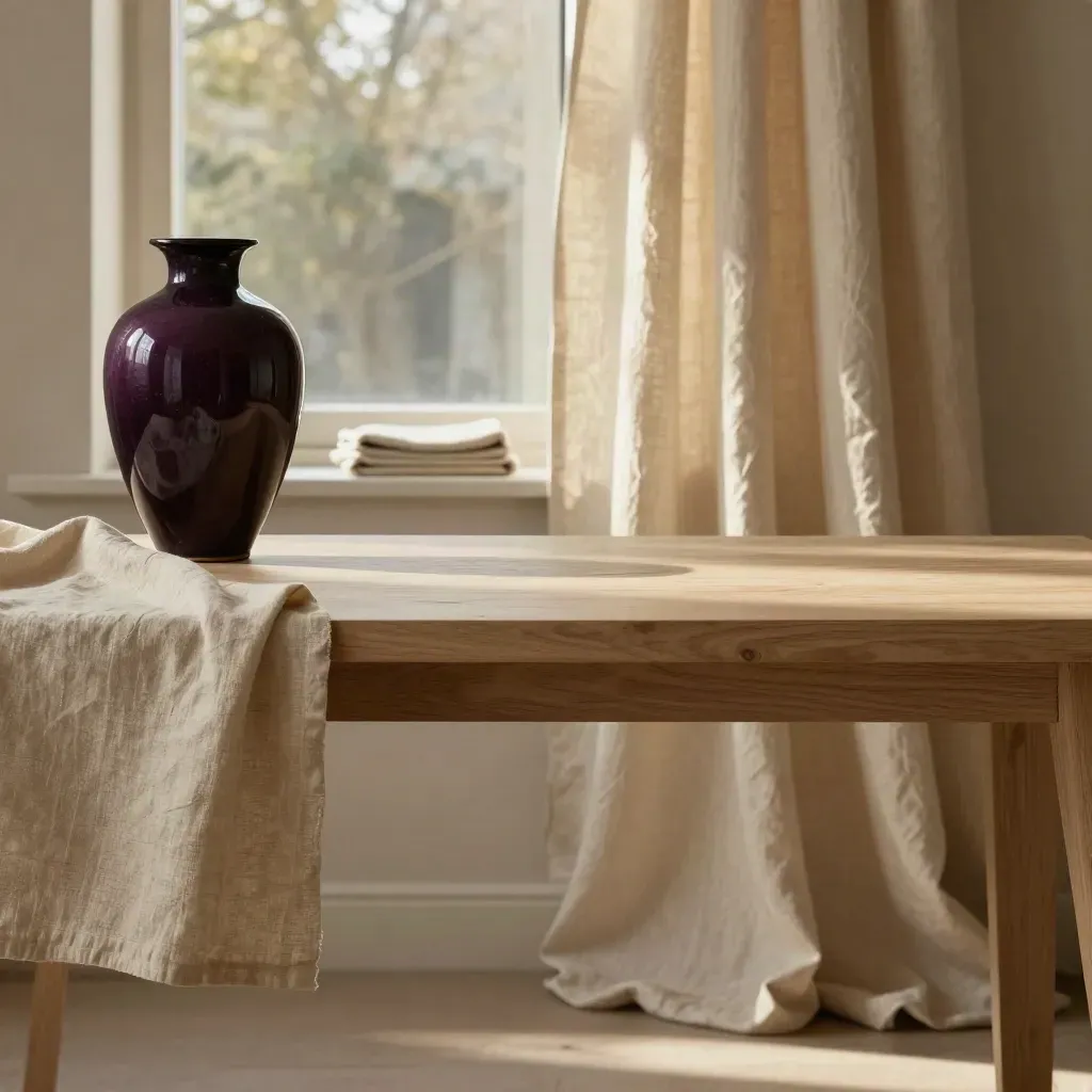 Quiet interior with linen drapery, pale oak table, and a dark vase in soft window light.