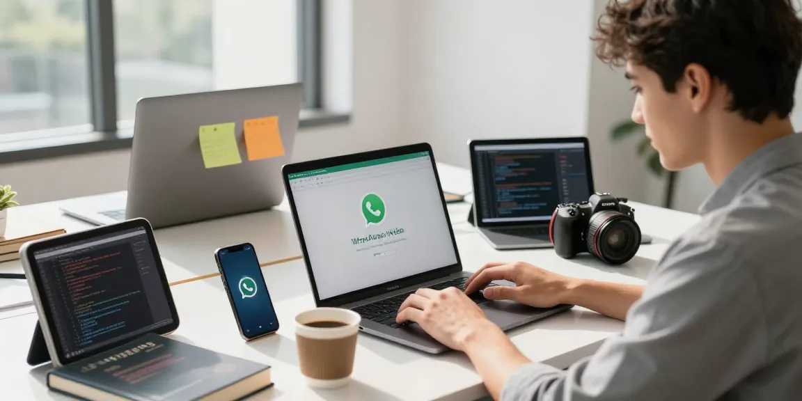 Using WhatsApp網頁版 on a laptop in a modern tech workspace with multiple devices.